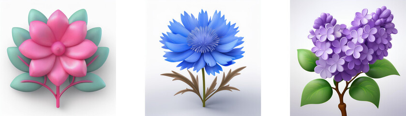 Fototapeta premium Three isolated flower illustrations on a white background. Pink, blue, and purple flowers with leaves and stem. Botanical clip art.