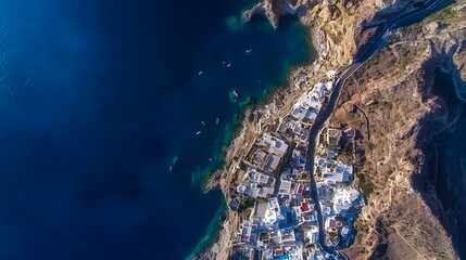 Aerial view of Santorini with seismic symbols, distant emergency vehicles during earthquake swarm, capturing tension and urgency