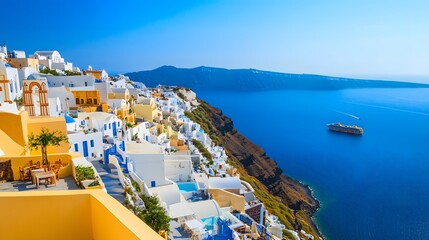 Aerial view of Santorini with seismic symbols, distant emergency vehicles during earthquake swarm, capturing tension and urgency