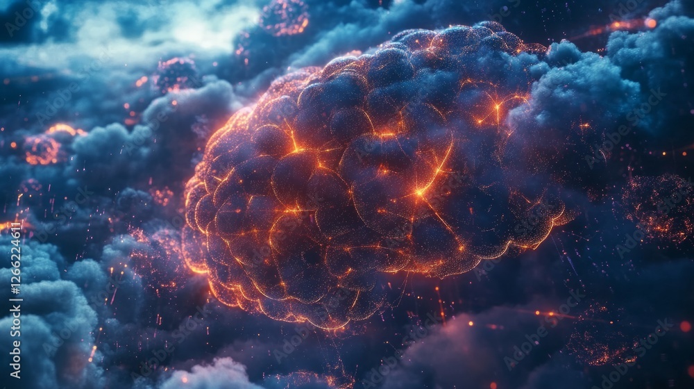 Poster data cloud with interconnected neural networks, glowing ai brain processing large datasets, futurist