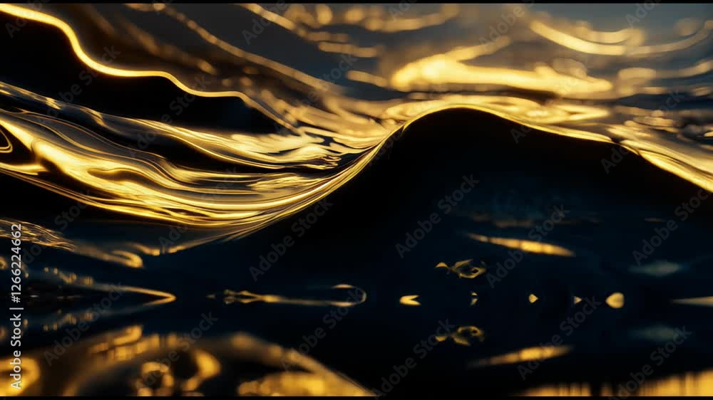 Aufkleber close-up of golden liquid waves with shimmering reflections, creating a captivating abstract texture