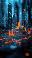 Obraz premium Futuristic Cityscape with Dynamic Stock Market Data Overlay