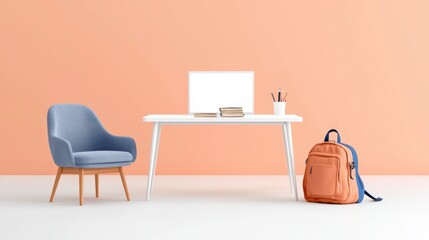 Modern Home Office Setup  Desk  Chair  Backpack  Books  and Supplies