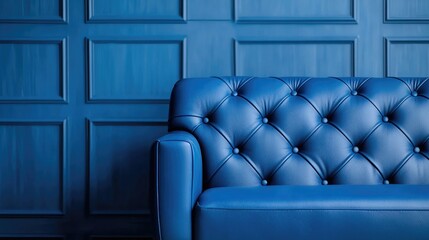 Obraz premium Blue leather sofa in a room with paneled walls. Possible use for interior design, furniture catalog, or home decor