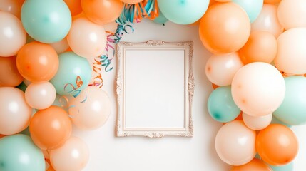Blank Frame Mockup  Peach   Mint Balloons Birthday Party Decor