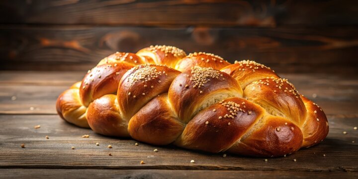 Freshly baked challah bread on wooden table, slightly golden brown and inviting , wood, fresh,  wood, fresh, challah, bread