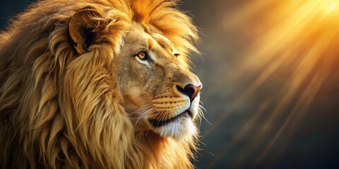 Fototapeta premium A close-up of a lion's mane, with sunlight filtering through the tangles of golden fur, revealing the sharp teeth and piercing gaze of the king of the savannah, Animal Kingdom, Furry Friends