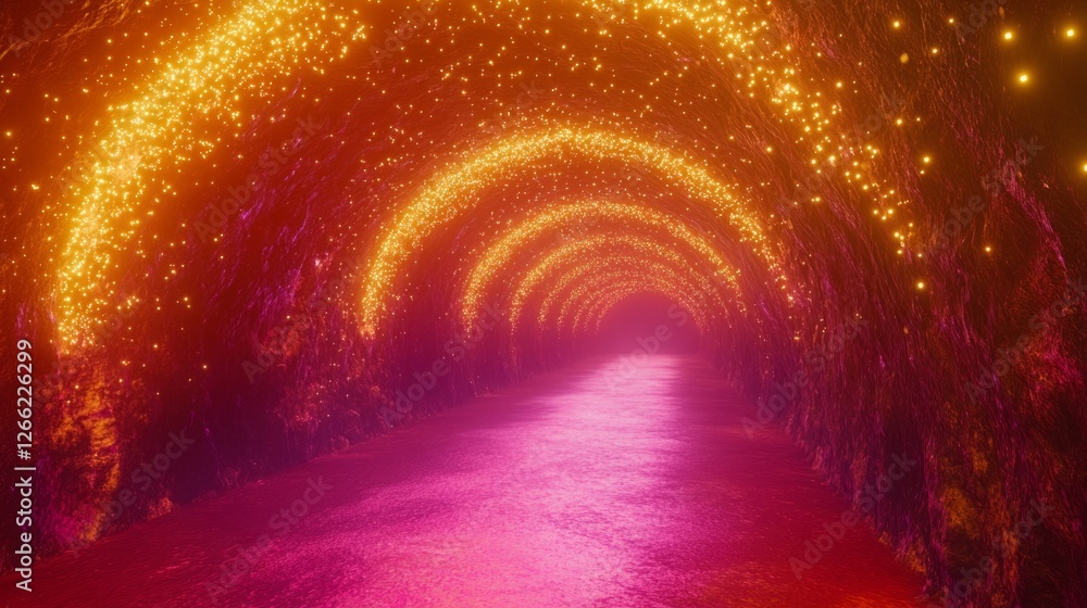 Poster dreamy neon-lit sci-fi tunnel with floating light particles and a digital glow effect, creating a su