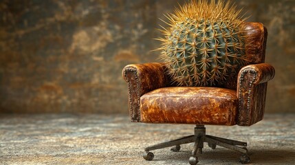Cactus on antique chair, grunge room, office theme