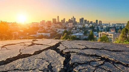 Cracked earth's crust beneath cityscape reveals fault lines: Nature's fragility in urban expanse