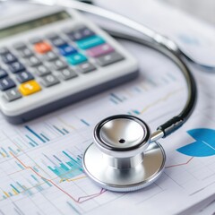 A stethoscope lies on medical reports and a calculator, symbolizing healthcare analysis and financial planning in the medical industry.