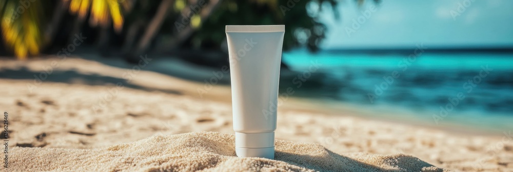 Poster cosmetics cream tube mockup on sandy beach with ocean view and palm trees under bright sunlight. gen