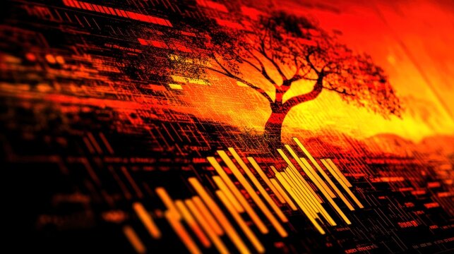 Fiery Sunset Over Data: A Silhouette Tree Amidst Financial Charts