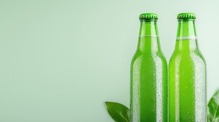 Two green bottles, refreshing drink, pastel background, leaves
