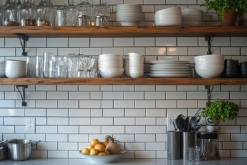 Fototapeta premium Organized kitchen shelves with white dishes and glassware.