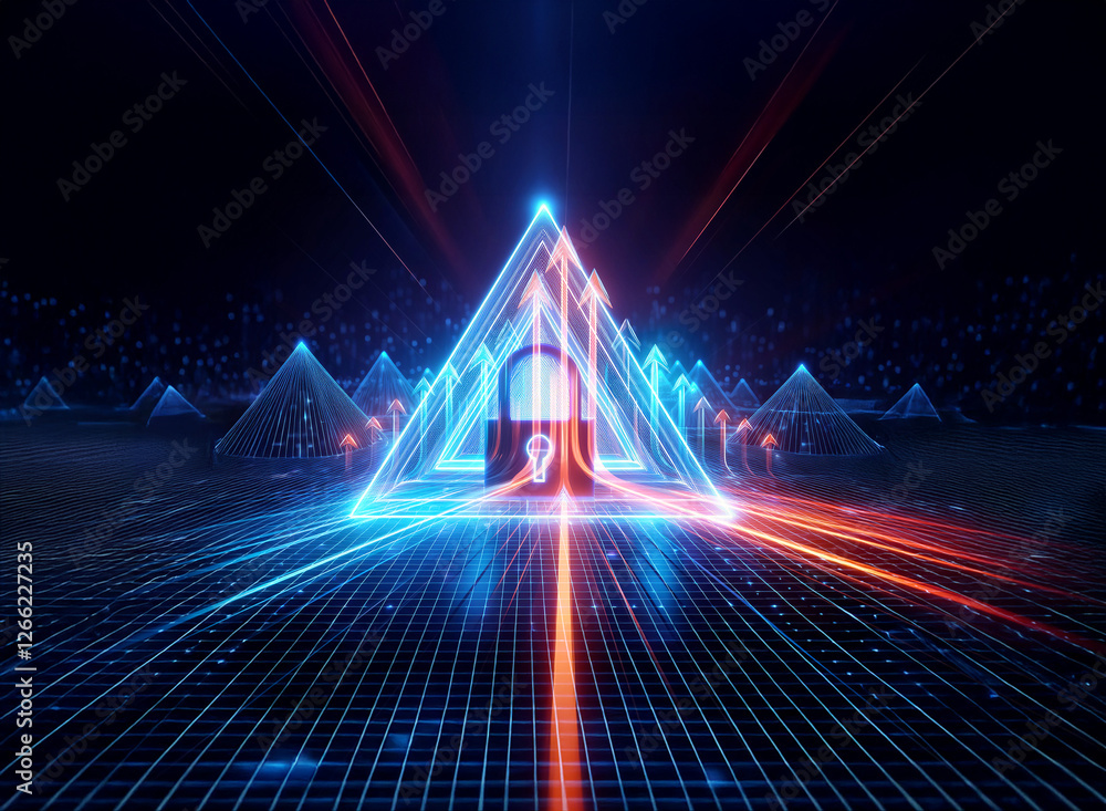 Poster digital security concept with a glowing padlock at the center of a neon triangle, set on a grid with