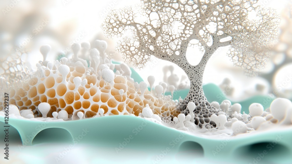 Poster abstract 3d render organic forms cellular structures fractal tree beige white teal l