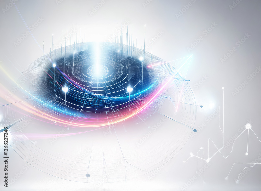 Poster abstract digital eye with flowing light trails and circuit patterns on a bright background. suggests