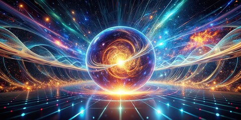 A vibrant cosmic sphere emitting radiant energy within a swirling nebula, displayed on a futuristic grid