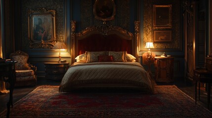 Obraz premium Elegant bedroom with a plush bed, warm lighting, and luxurious decor, copy space.