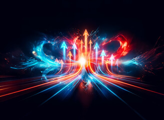 Dynamic energy burst with upward arrows. Vibrant red and blue streaks converge towards a central bright point, symbolizing progress and forward movement.