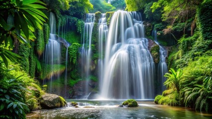 Fototapeta premium Waterfall cascading through dense foliage, landscape, droplets, landscape, droplets, peaceful, lush, nature, splashing