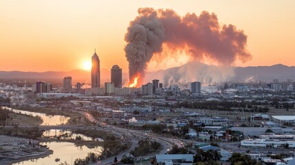 Fototapeta premium Cityscape Sunset with Industrial Fire Smoke Plume