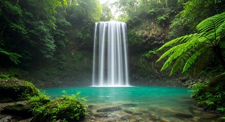 Waterfall Cascading Into Turquoise Pool Surrounded by Lush Green Rainforest