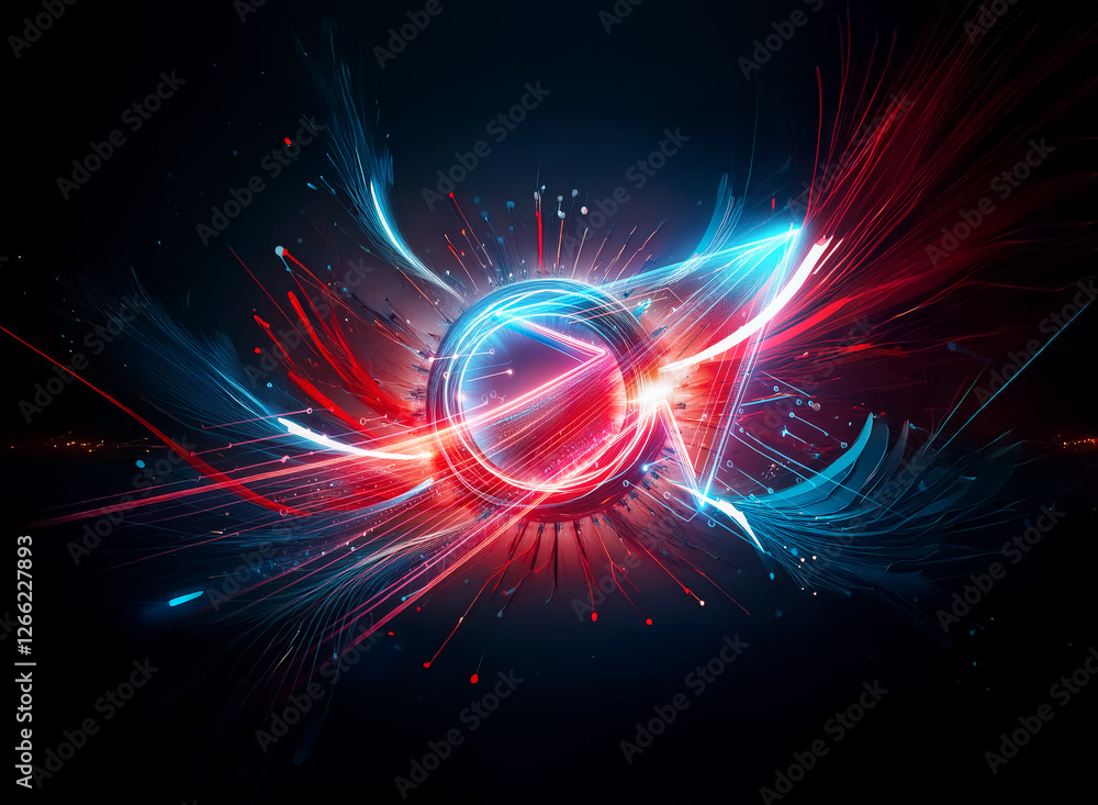 Poster vibrant abstract image featuring dynamic bursts of red and blue light emanating from a central point