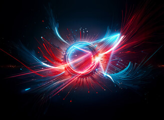 Fototapeta premium Vibrant abstract image featuring dynamic bursts of red and blue light emanating from a central point against a dark backdrop, creating an energetic and modern visual.