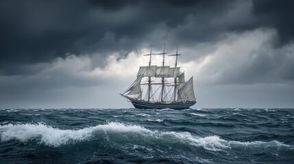 Obraz premium Majestic Tall Ship Braving a Stormy Sea