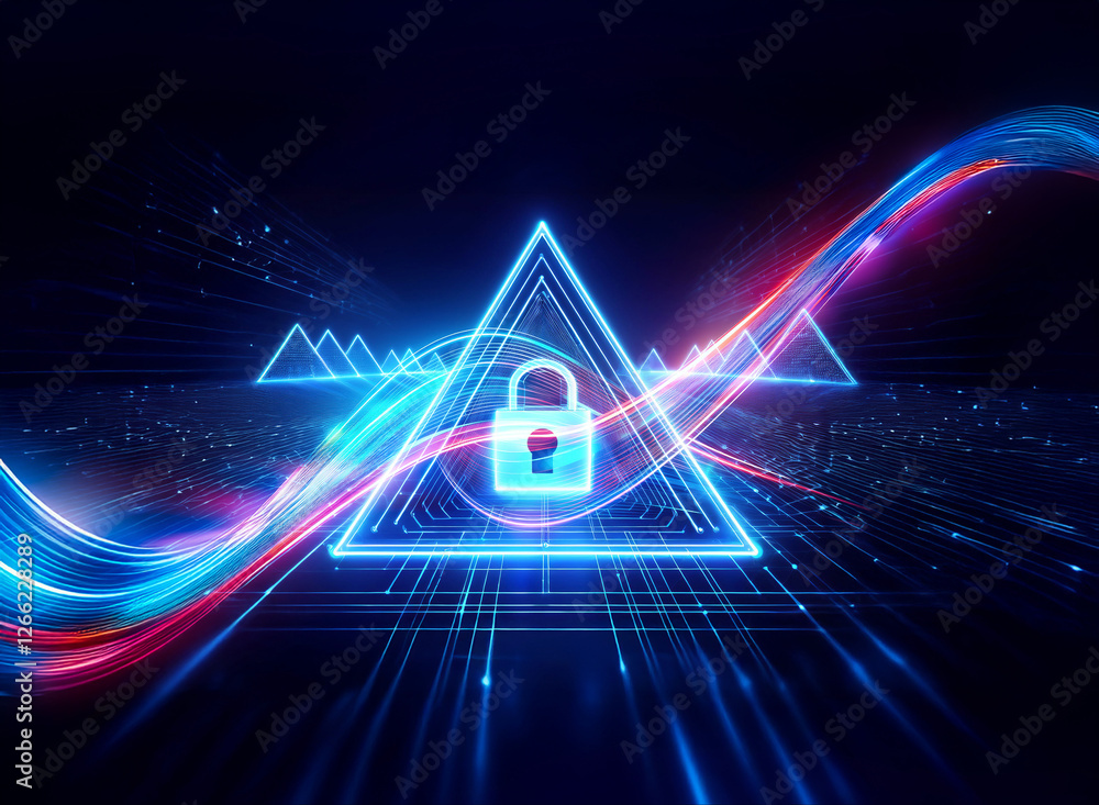 Poster neon blue triangle with a padlock in the center, illuminated on a dark digital background with red a
