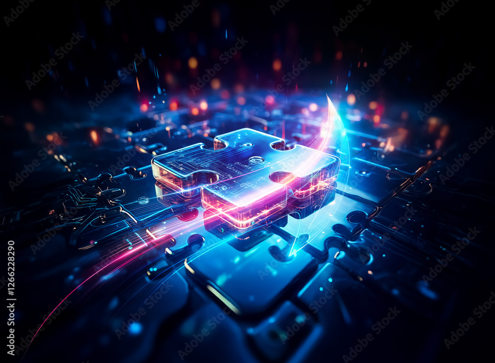 Poster neon illuminated puzzle piece on a futuristic circuit board. glowing lines and vibrant colors highli