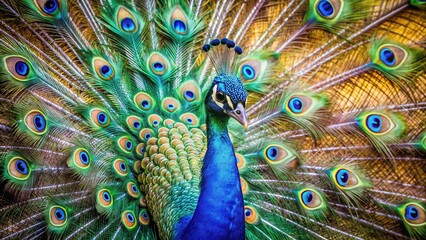 Obraz premium A majestic blue peacock spreads its vibrant, intricately feathered tail, showcasing a mesmerizing display of blues and greens against a neutral background , intricate feathers, nature