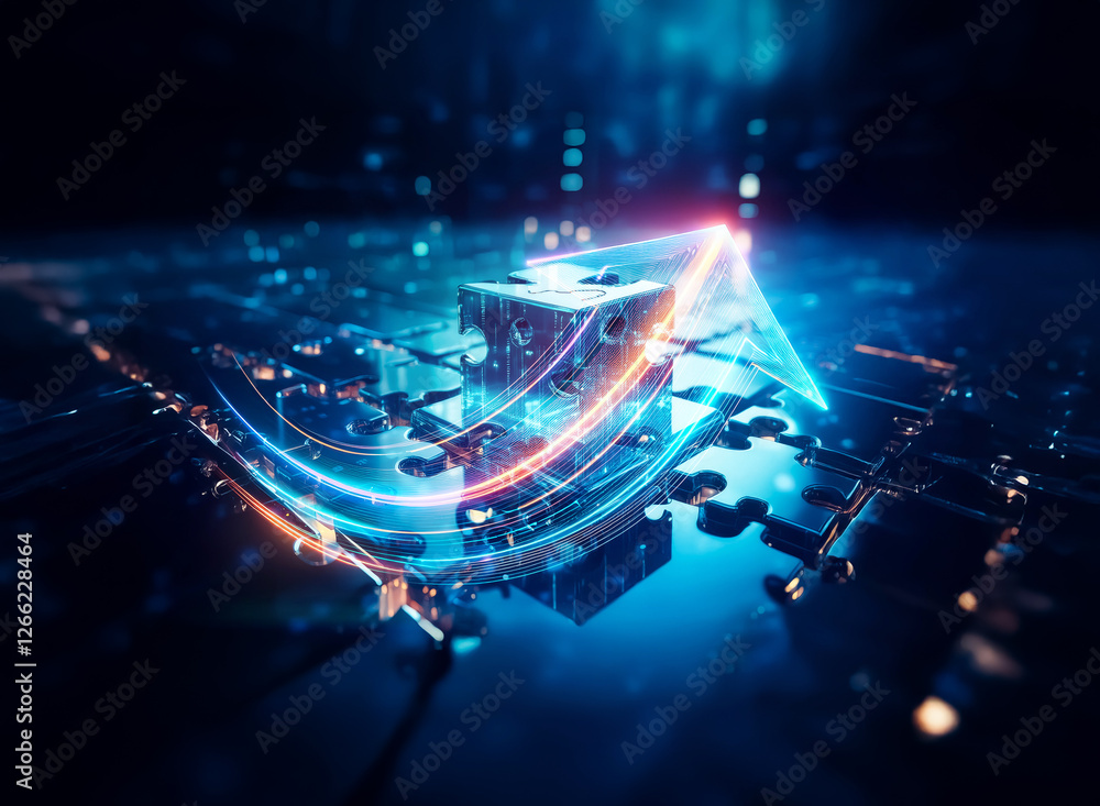 Poster futuristic glowing arrow pointing upwards on a dark circuit board symbolizes technological advanceme
