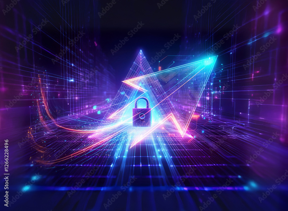 Poster digital padlock in a vibrant, futuristic space. abstract glowing lines and shapes create a secure, h