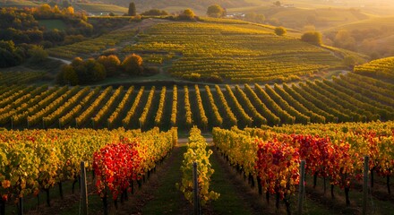 Scenic Vineyard Landscape at Sunset with Rows of Colorful Grape Vines