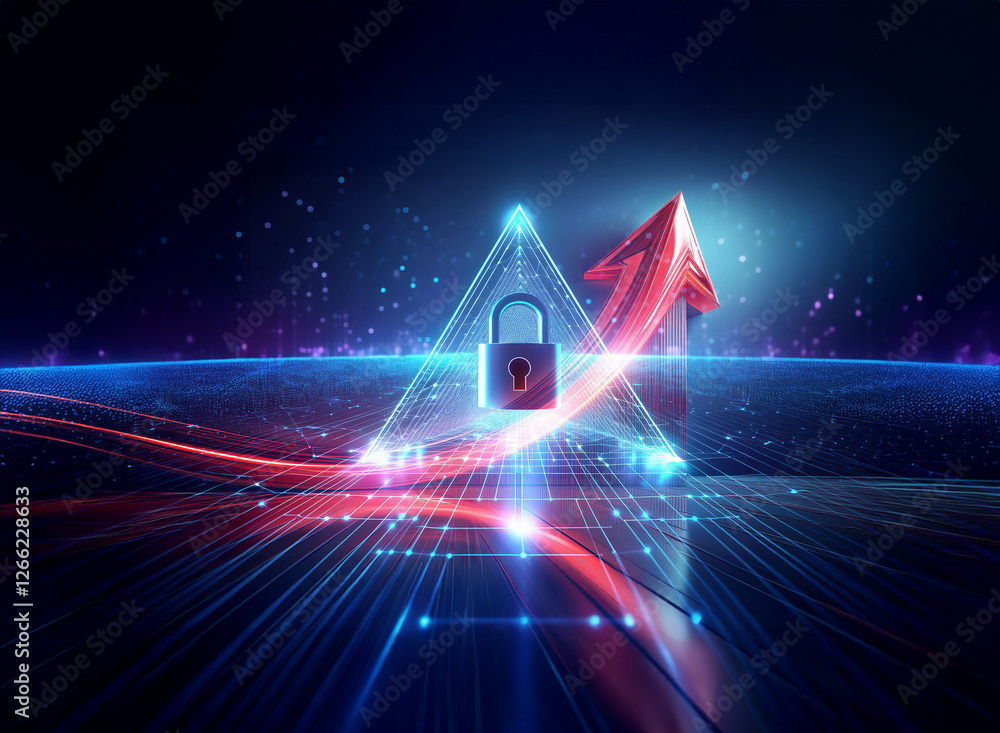 Poster a digital and futuristic image showcases a padlock within a triangle, accompanied by a vibrant upwar