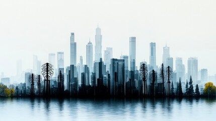 Obraz premium Monochrome Cityscape Skyline Urban Architecture Modern Buildings Waterfront Reflection