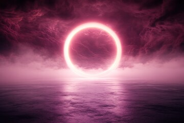 Surreal Pink Nebula: Glowing Ring Above Calm Waters