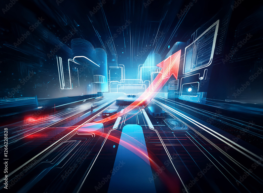 Poster a vibrant abstract scene with a dynamic red arrow soaring upwards through glowing blue lines, convey