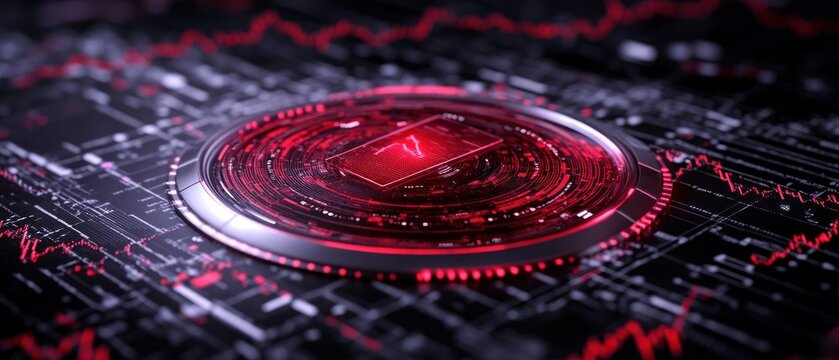 Futuristic Digital Interface with Red Glow and Circuitry