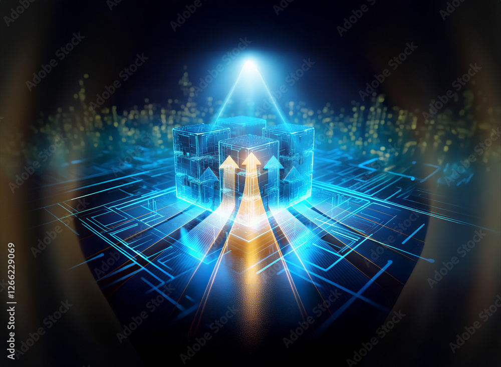 Poster futuristic digital structure with glowing blue and gold arrows pointing upwards, symbolizing data fl