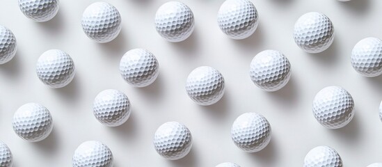 Aerial view of numerous white golf balls arranged neatly on a light surface