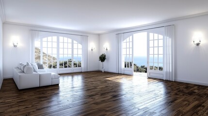 Fototapeta premium Modern Minimalist Living Room Ocean View Luxury Home Design