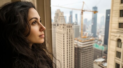 Fototapeta premium Woman Contemplating Cityscape Urban View Dreamy Thoughtful Modern City Skyscrapers C