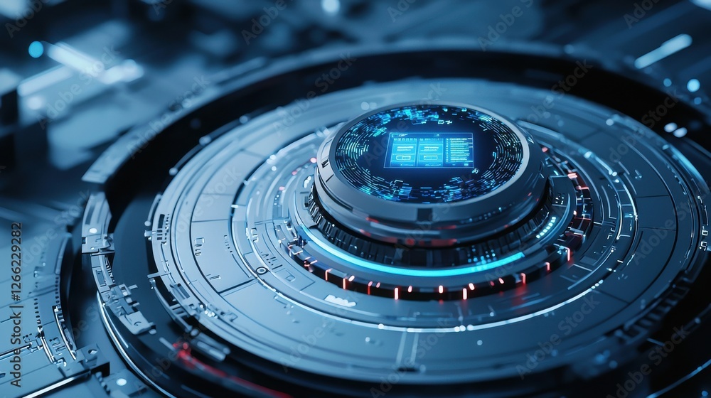 Poster A blue and red computer chip is shown in a circular shape