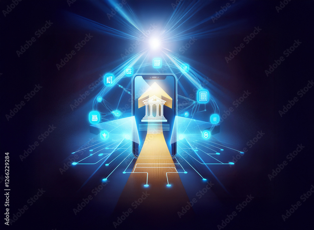 Poster a bright light shines down onto a smartphone displaying a golden building-shaped arrow pointing upwa