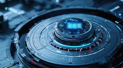 A blue and red computer chip is shown in a circular shape