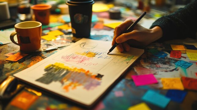 Film director drawing storyboard sketches for a movie scene, surrounded by colorful sticky notes and coffee cups on a messy desk, showcasing the creative process of filmmaking